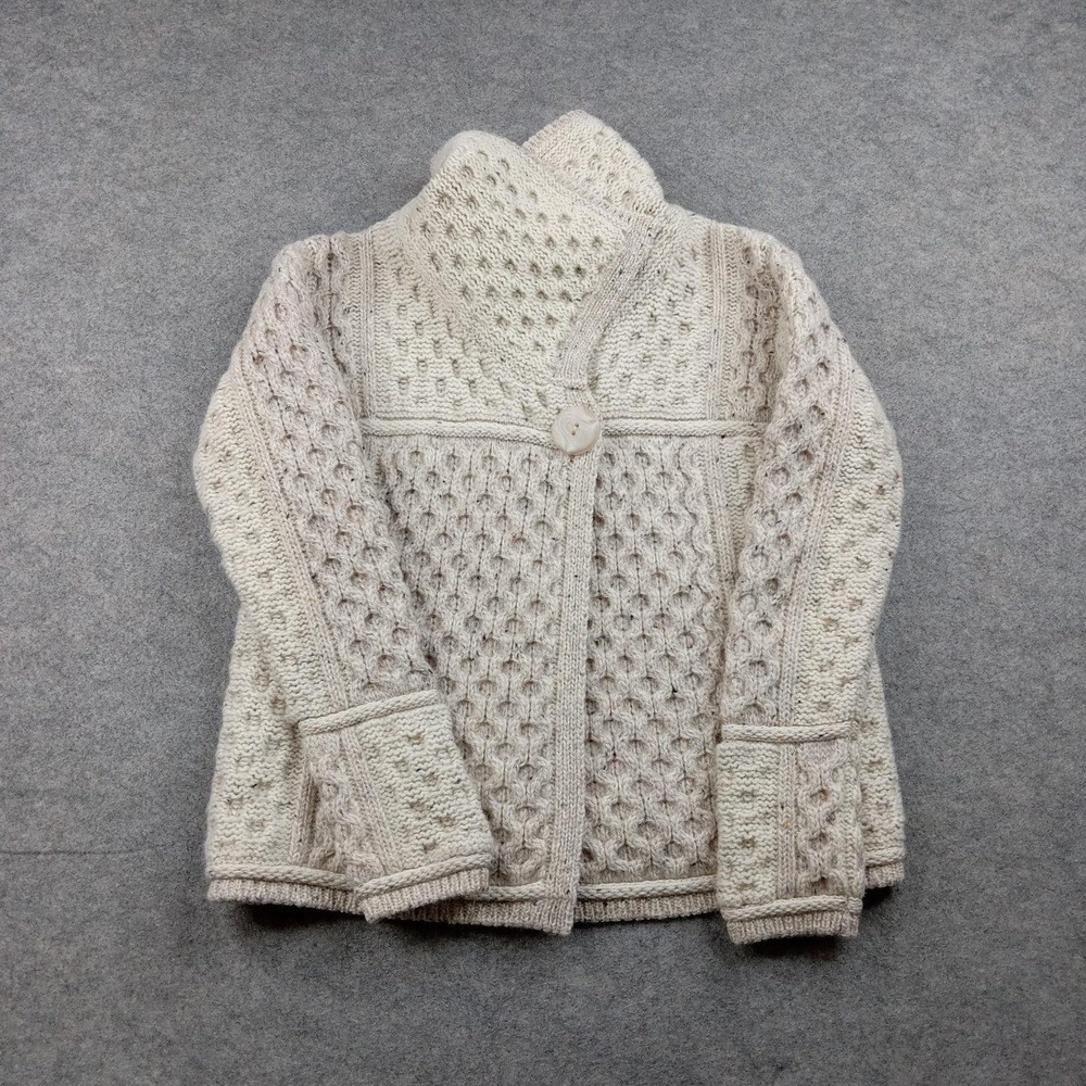 Aran Mor Sweater Womens Small White Merino‎ Wool Cowl Cable Knit Cardigan
